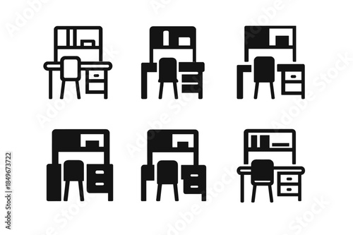 Organized Workspace Logos. Tidying workspace. Icon set. Set Logo of tidying workspace: organized desk layout. harmonious logo variations of the same emblematic