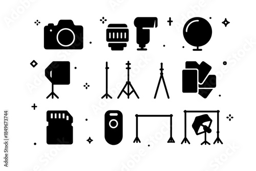 Cosplay Photography Tools. Cosplay photography. Solid icons set of Cosplay photography: DSLR camera, prime lens, external flash, reflector, softbox, light