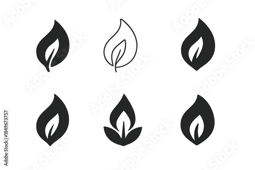 Sustainable Energy Icons. Sustainable energy startups. Icon set. Set Logo of Sustainable energy startups: biomass leaf flame. harmonious logo variations of the