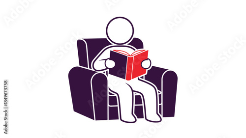 A person comfortably reading a red book while seated in a purple armchair