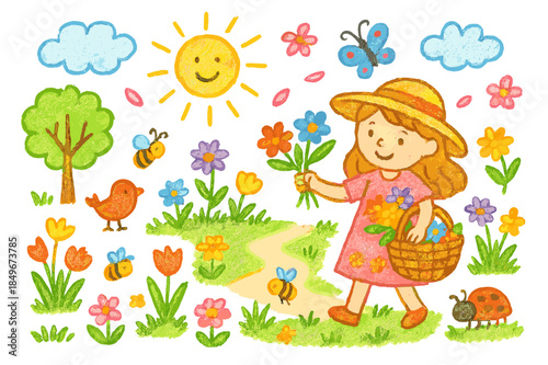 Springtime Child's Wonderland. spring flowers. Colorful Hand-drawn doodle Children illustration spring flowers girl, basket, flowers, grass, sun, butterfly,