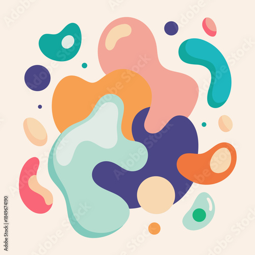 Vibrant colorful abstract shapes and blobs in various hues on beige background
