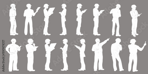 Silhouettes of people in various poses and professional attire outlined in white