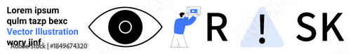 Eye graphic, person reviewing monitor, triangular alert icon spelling RISK. Ideal for safety checks, cybersecurity, compliance management, hazard analysis, strategy planning, data monitoring simple