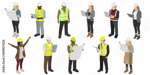 Diverse group of construction workers and architects reviewing plans and collaborating