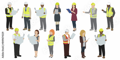 Diverse construction team reviewing blueprints and discussing project details collaboratively