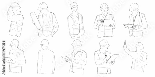 Line art illustration of construction workers in various poses and outfits