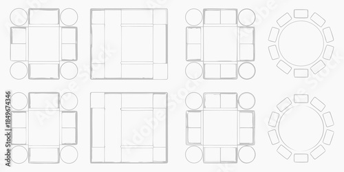Various furniture arrangement layouts for dining and seating spaces illustrated