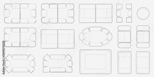 Architectural floor plans and furniture layouts in a minimalist line drawing style