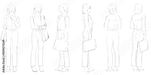 Fashion design sketch of a woman in a blazer and trousers various poses