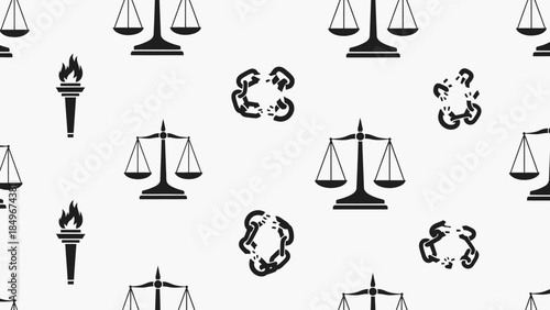 A compelling seamless pattern displays iconic representations of justice, liberty, and freedom, featuring balanced scales, an illuminating torch, and broken chains.