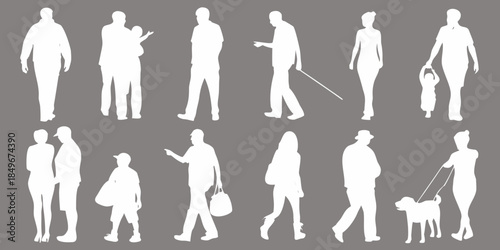 Diverse group of people silhouettes demonstrating various everyday activities and poses