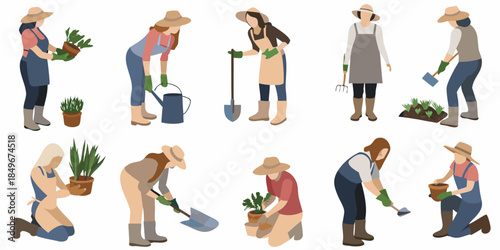 Diverse gardeners tending to plants with various tools in a flat style