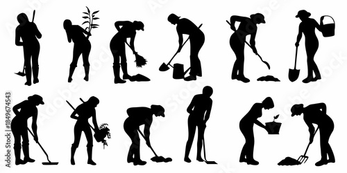 Silhouettes of people gardening and performing various outdoor tasks