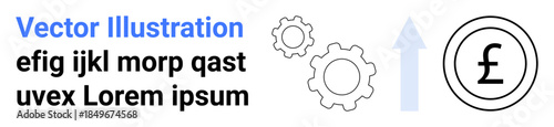 Business growth, finance strategy, economy trends, industry development, profitability, and currency exchange. Pound symbol, gears and upward arrow. Finance strategy and business growth ion