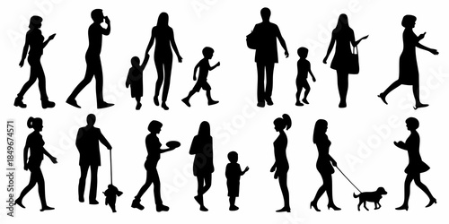 Silhouettes of people walking in various poses a diverse collection