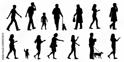 Diverse silhouettes of people walking including adults children and pets