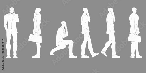 A series of white line drawings depicting a man in a suit in various poses