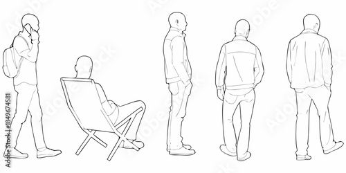 Line art illustration of men in various poses and a folding chair
