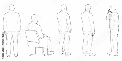 Line art illustration of men in suits and a modern office chair