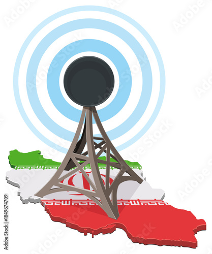 A communication tower on a map of Iran with its national flag colors (Green, White, Red). Blue concentric circles represent signal transmission and network connectivity. (cut out)