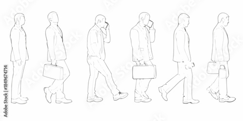 Line art illustration of businessmen walking in various poses with briefcases