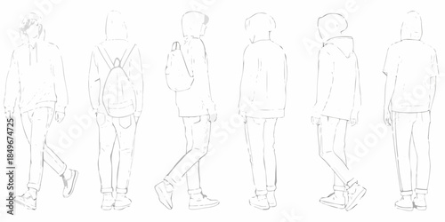 Line art illustration of a person in various poses with a backpack