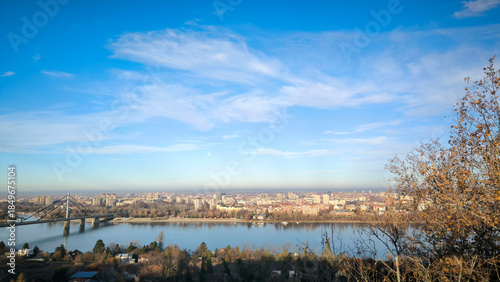 landscape by the Danube river in Novi Sad in sunny winter with blue sky and tiny white clouds