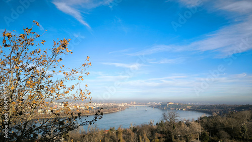 landscape by the Danube river in Novi Sad in sunny winter with blue sky and tiny white clouds