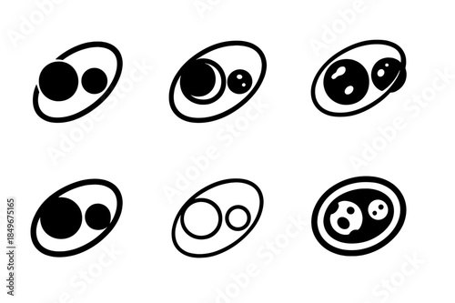 Asteroid Belt Icons. Asteroid belt studies. Icon set. Set Logo of Asteroid belt studies: binary asteroid system with mutual orbit. harmonious logo variations