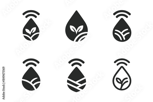 Smart Agriculture Logos. Smart agriculture solutions. Icon set. Set Logo of Smart agriculture solutions: smart irrigation droplet with Wi-Fi signal. harmonious
