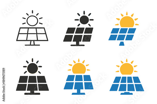 Solar Power Icons. Solar power. Icon set. Set Logo of Solar power: photovoltaic panel array. harmonious logo variations of the same emblematic concept, each