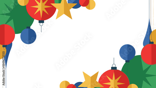 Colorful Christmas ornaments and decorations arranged in a festive frame on a white background with a shallow focus effect.