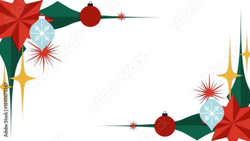 A festive Christmas frame with red ornaments, green leaves, and gold sparkles on a white background, perfect for holiday decorations and seasonal designs.