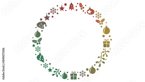 A colorful Christmas frame with various icons and ornaments arranged in a circular pattern on a white background.