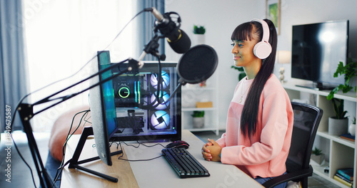 Canvas Print Teenager, gaming and computer with microphone for girl, esports and online hobby in home