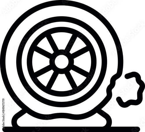 Punctured car wheel is deflating and emitting smoke, isolated on white background