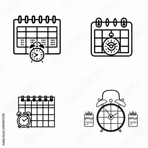 Time management icons: calendars and alarms symbolizing deadlines, schedules, and punctuality