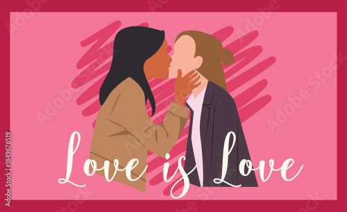 Lesbian Couple Kissing Vector Illustration, Love is Love Theme, LGBTQ+ Romance Concept.