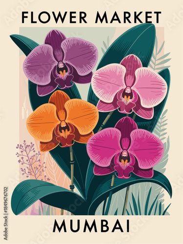 Stylized botanical travel poster featuring vibrant orchids and lush leaves with Flower Market Mumbai text in a retro mid century style.