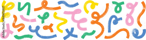 Collection colorful bold curved lines with loops isolated on white. Hand drawn bold grunge wavy and swirled brush strokes. Simple childish vector scribbles and squiggles. Creative trendy style design.