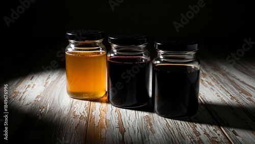 Three jars of different colored liquids.