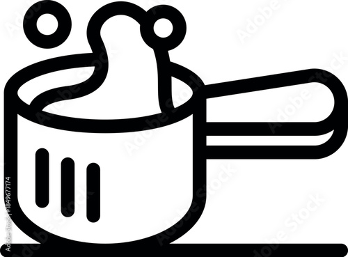 Small pot with handle sits on stove top cooking surface with boiling water bubbling inside