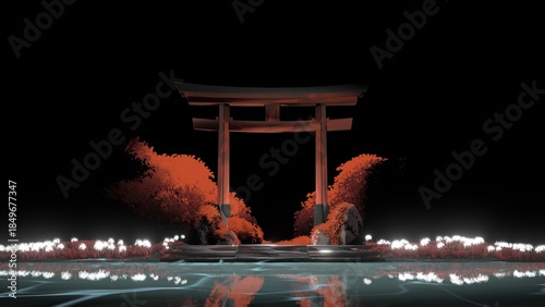 Japanese Torii Gate with Autumn Garden at Night