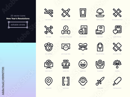 New Year’s Resolutions Line Icons – Healthy Habits and Wellness. Editable stroke vector icon pack.
