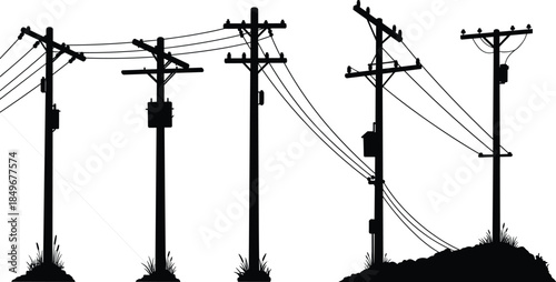 Electric utility poles and power lines silhouette with transformers, rural electricity infrastructure, high voltage energy distribution network illustration on white background.