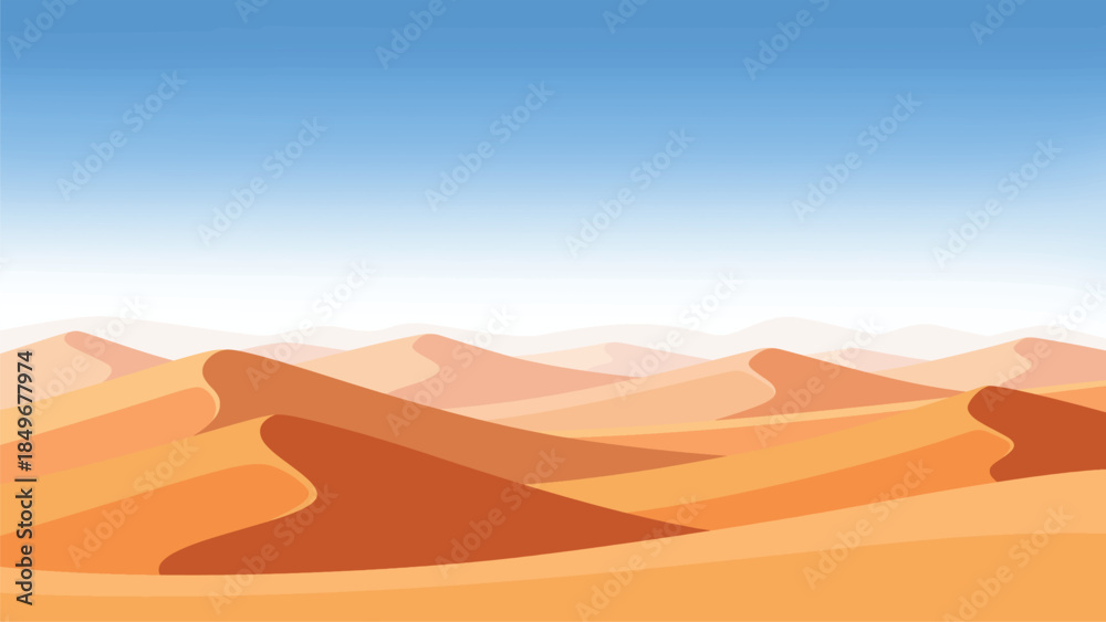 Fototapeta premium Vast desert sand dunes illustrations under a clear blue sky, showcasing a serene landscape