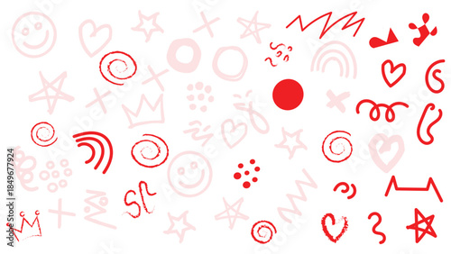 A collection of various red and pink emoticon faces and symbols on a white background