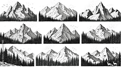 A collection of stylized black and white mountain landscapes with trees