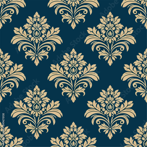 Damask floral seamless pattern element. Vector classical luxury old fashioned damask ornament, royal victorian seamless texture for wallpapers, textile, wrapping. Vintage exquisite floral baroque temp